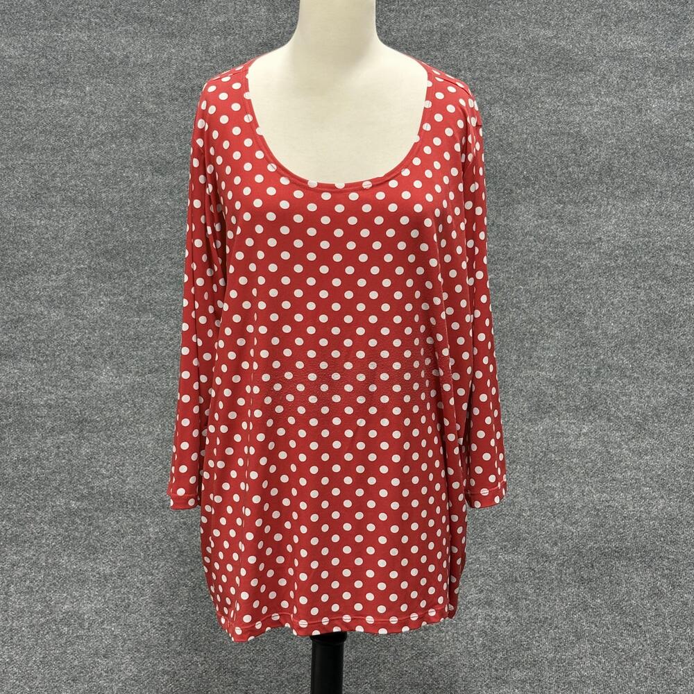 Susan Graver Shirt Womens 2X Red White Polka Dot 3/4 Sleeve Scoop Neck Tunic